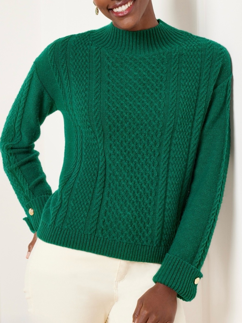 Talbots Emerald Green Cable Knit Sweater Size 0X Gold Button Cuff Mock Neck